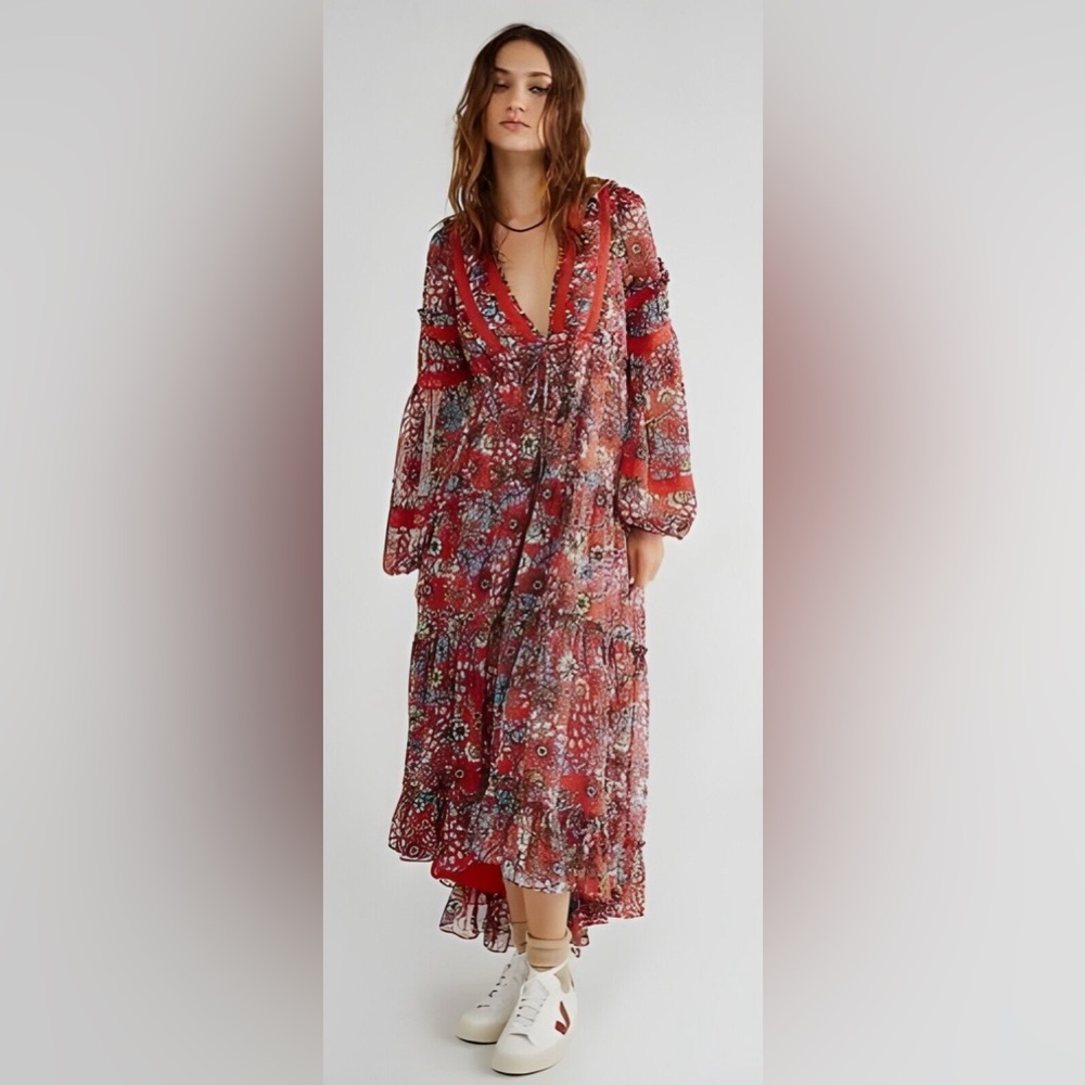 NWT Free People Cassis Chiffon Full Button Down Floral Dress XS
